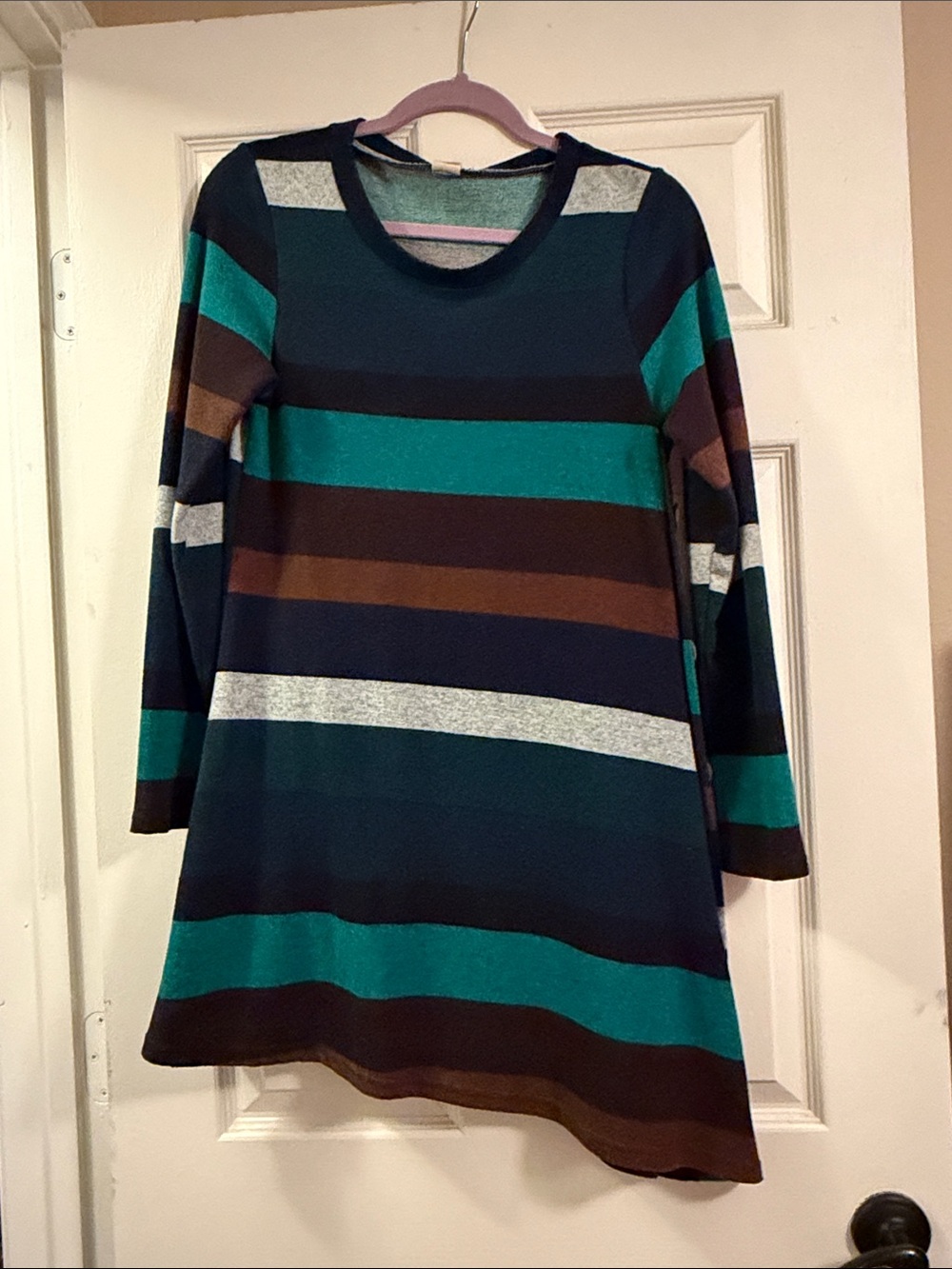 Striped Long-Sleeve A-Line Dress in Teal, Brown & Navy